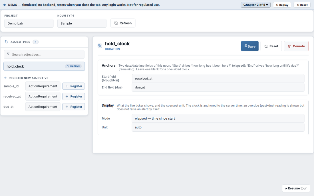 The adjective editor: hold_clock registered as a Duration adjective with start field received_at and end field due_at