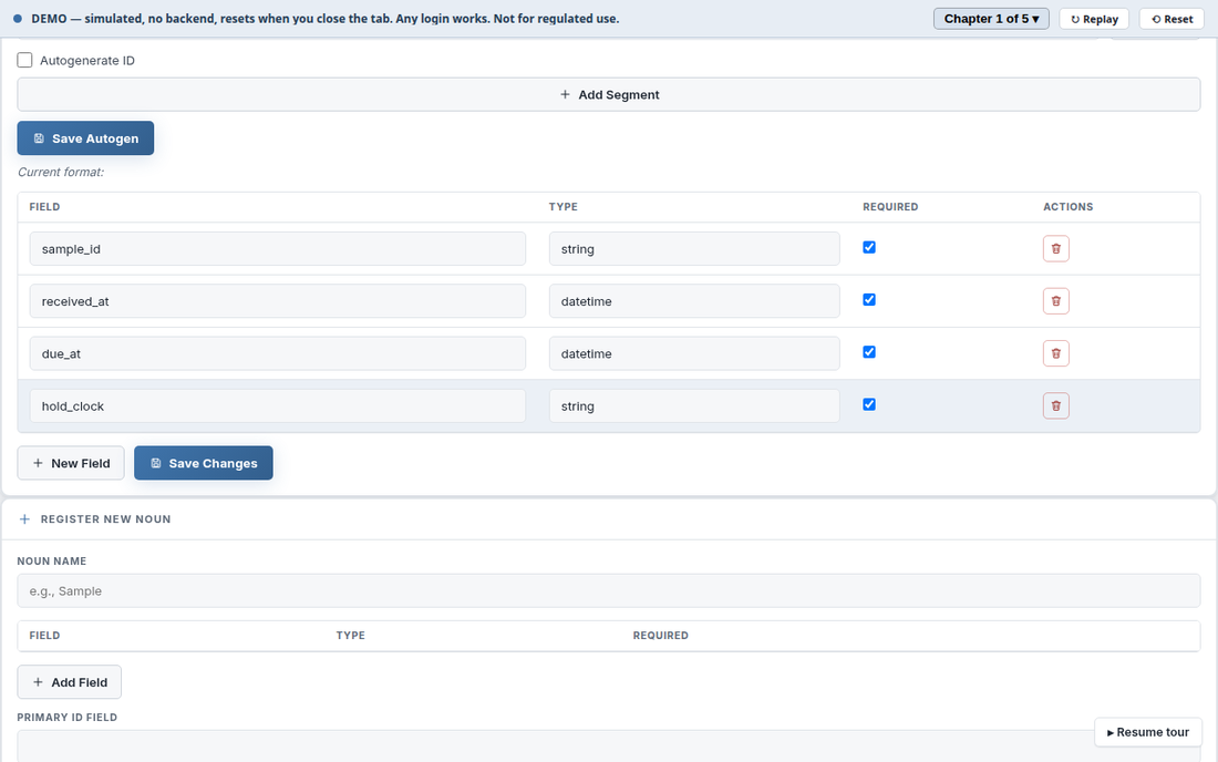 The noun configure workbench: a fields table for the Sample noun listing sample_id, received_at, due_at, and hold_clock, with New Field and Save Changes buttons