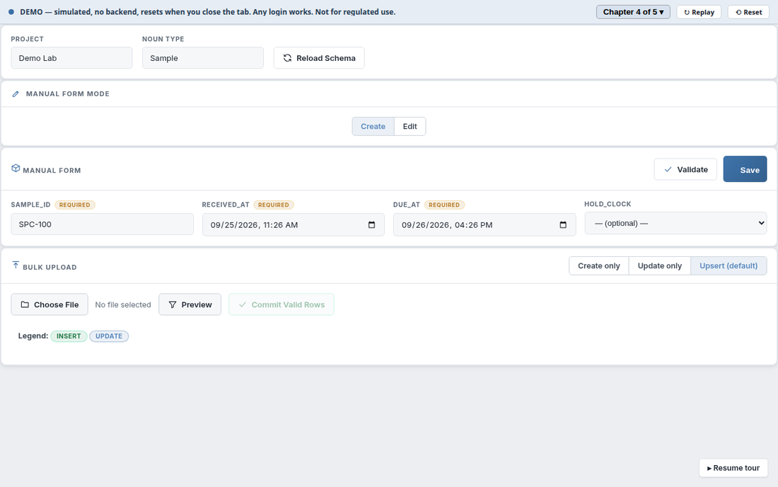 The noun workbench: a manual form for the Sample noun with sample_id SPC-100, received_at and due_at filled, and a hold_clock field, plus a bulk upload panel