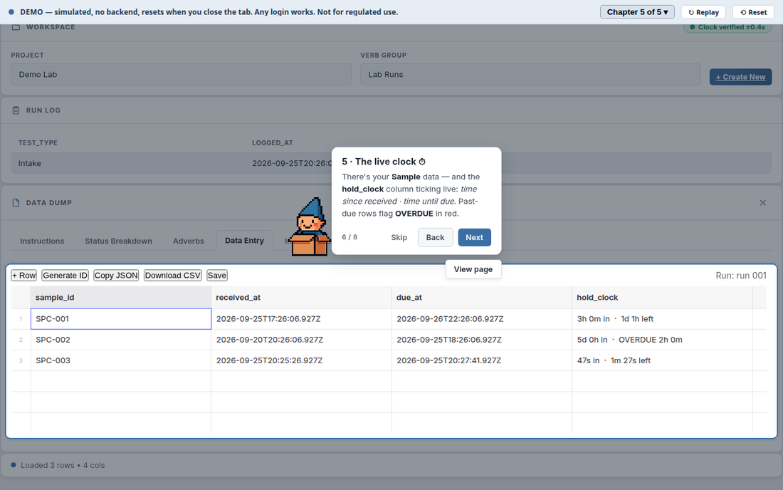 The same runlog with the gnome's tour bubble: 5 · The live clock, pointing at the grid