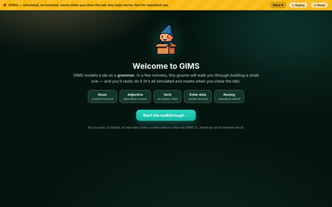 The GIMS demo start screen: the gnome, the five grammar words, and the Start the walkthrough button
