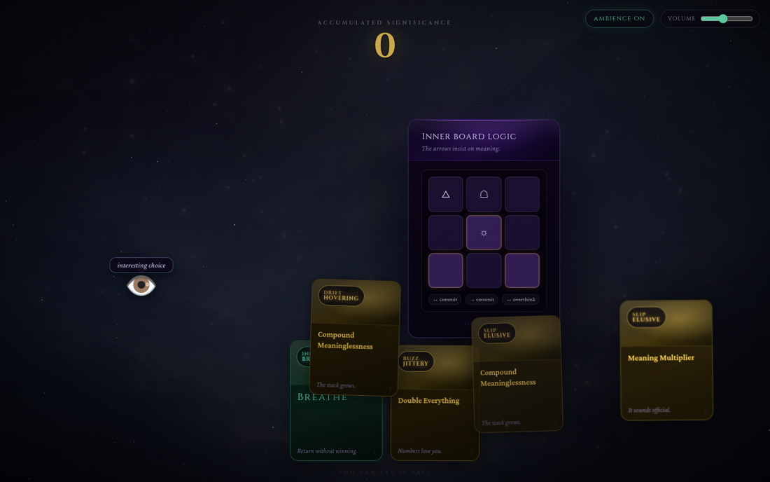 Presence: a dark starfield with drifting cards, a Breathe card in the hand, and an interruption titled Inner board logic