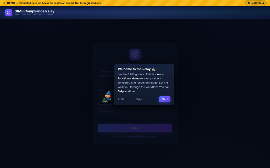 The Compliance Relay demo on first visit: the sign-in card dimmed behind the gnome's welcome bubble, step 1 of 10