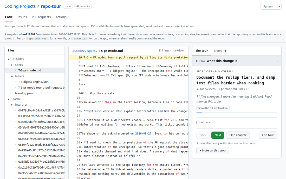 The same PR tour at chapter 1, stop 1 of 2: Document the rollup tiers, and damp test files harder when ranking; 11 files changed, 9 moved in meaning, 2 did not